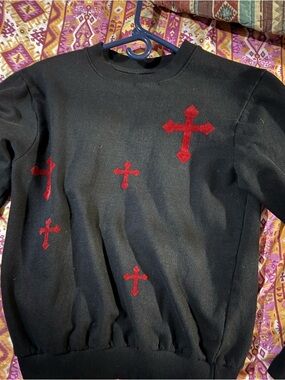 On Fire Black Crewneck Sweater with Red Cross Appliqués